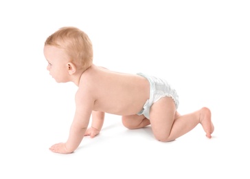 Photo of Cute little baby crawling on white background