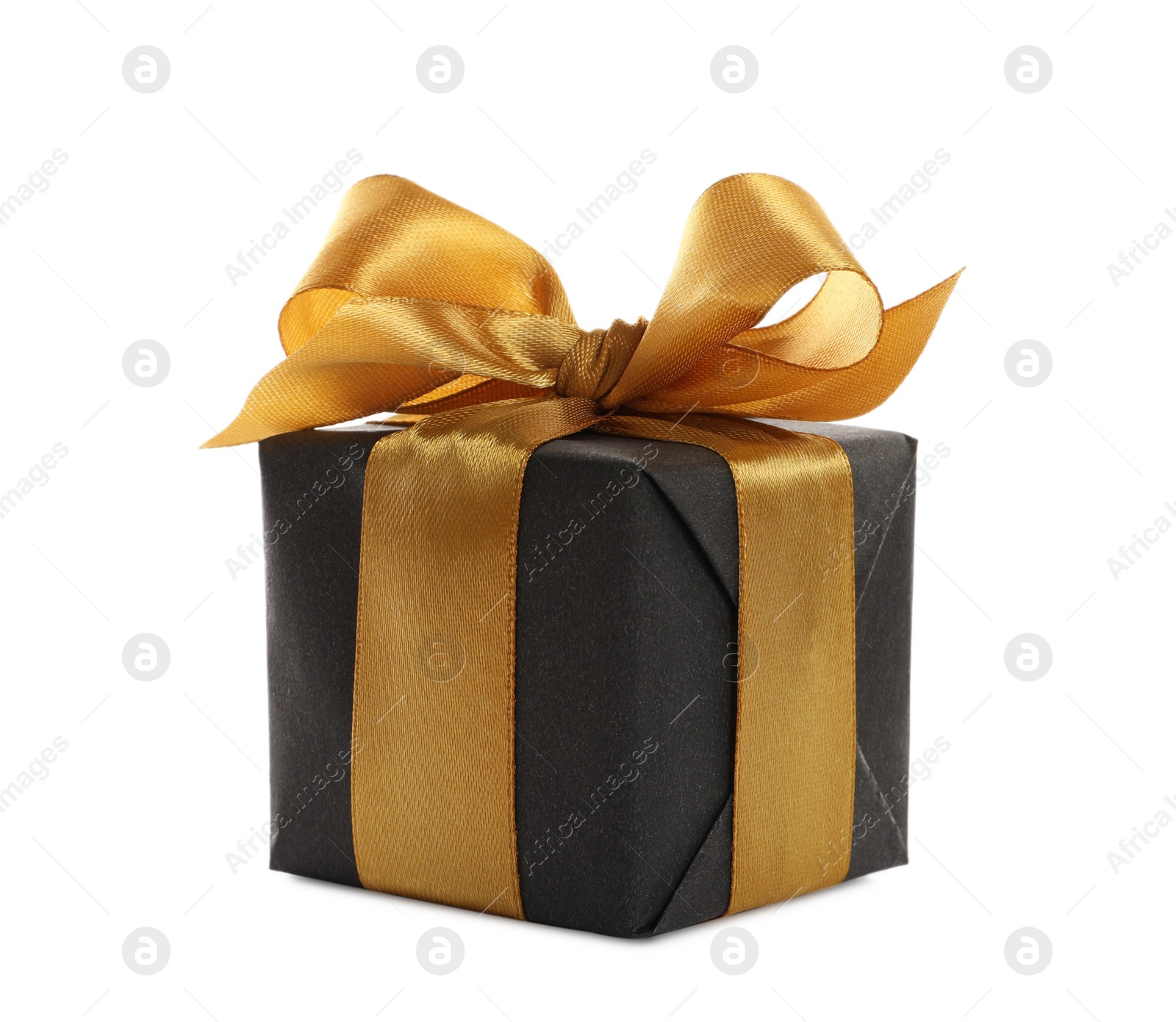 Photo of Beautiful gift box with golden ribbon and bow on white background