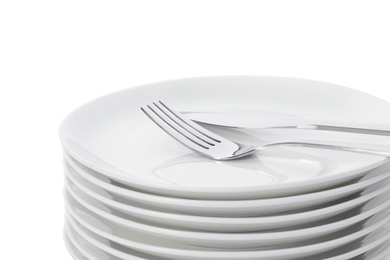 Photo of Set of clean tableware on white background, closeup. Washing dishes