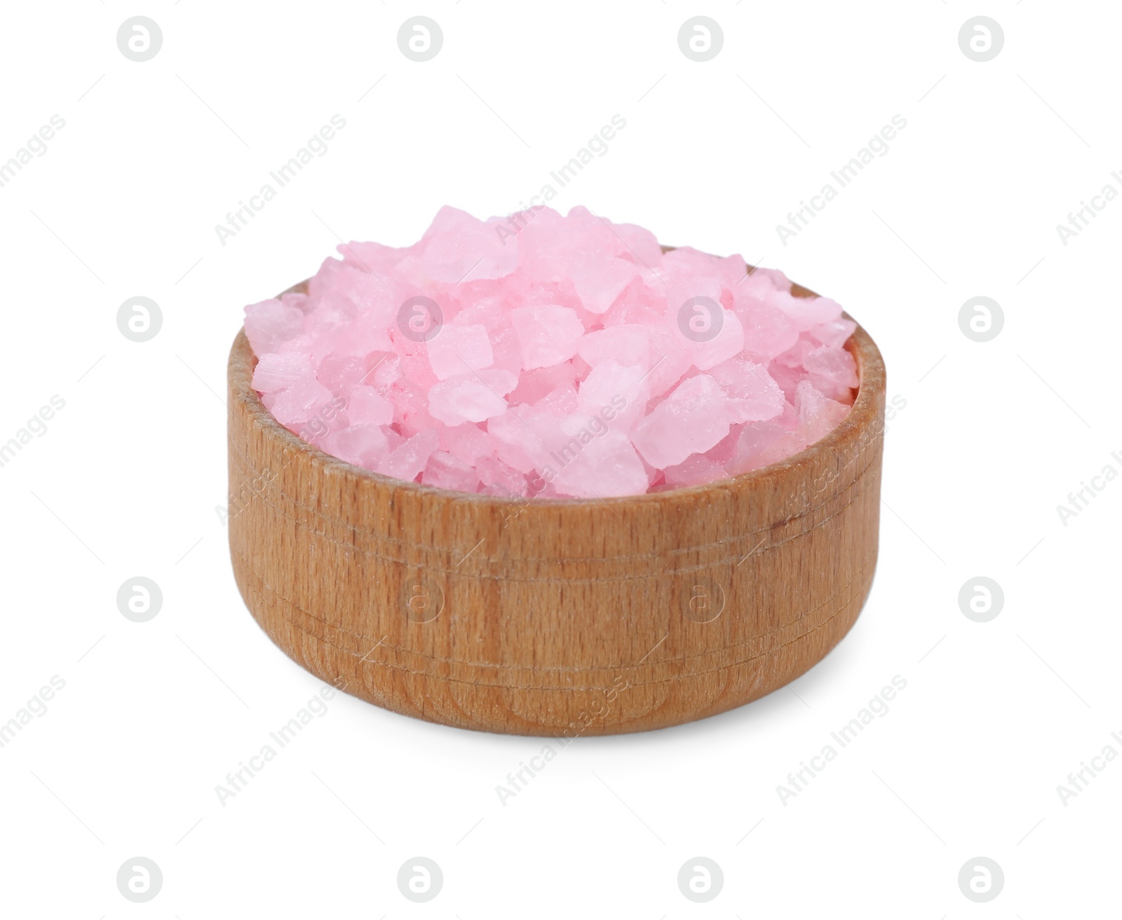 Photo of Wooden bowl with pink sea salt isolated on white