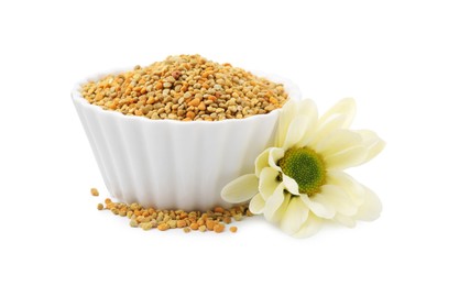 Photo of Fresh bee pollen granules in bowl and flower isolated on white