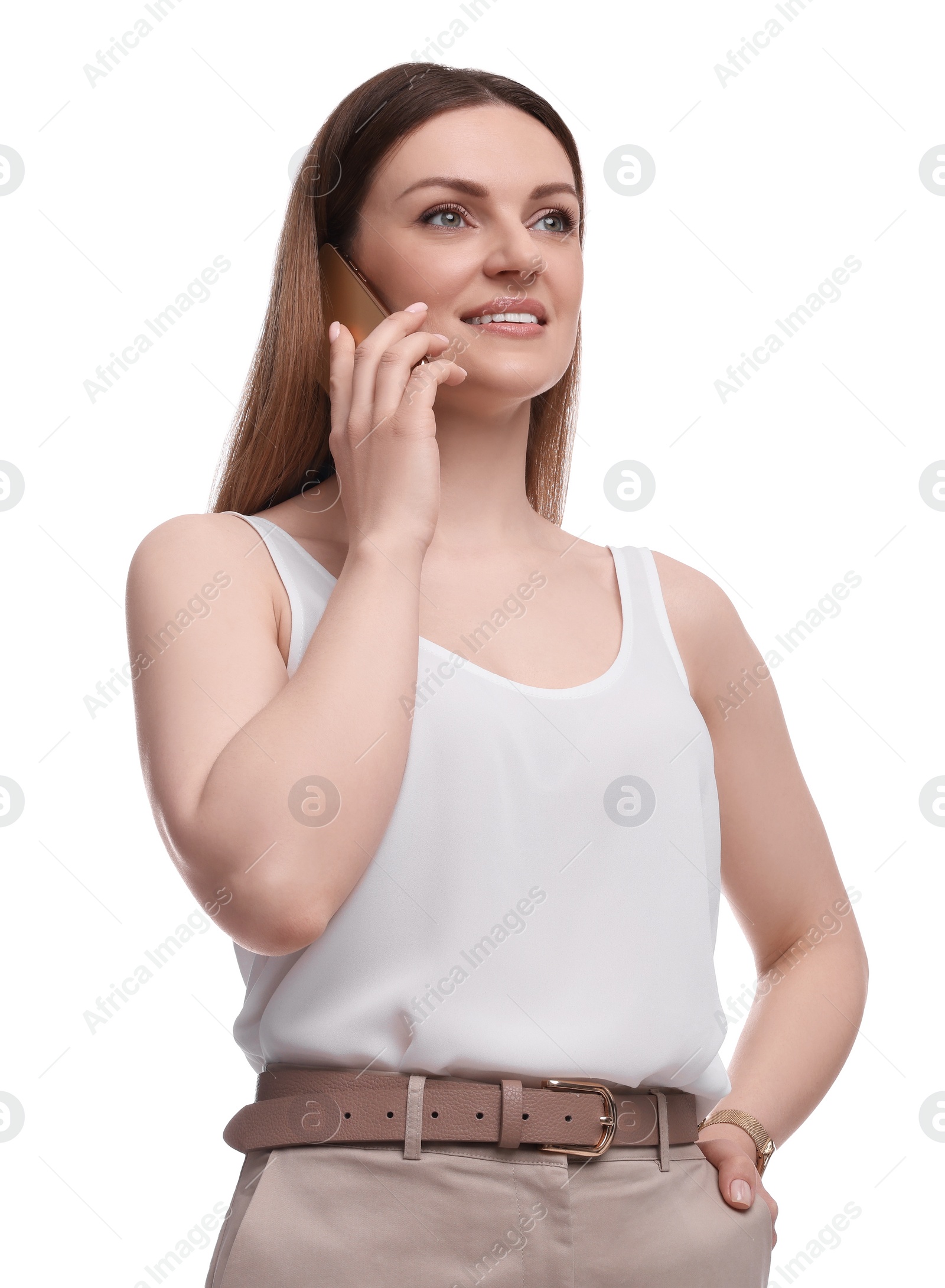 Photo of Beautiful businesswoman talking on smartphone against white background, low angle view