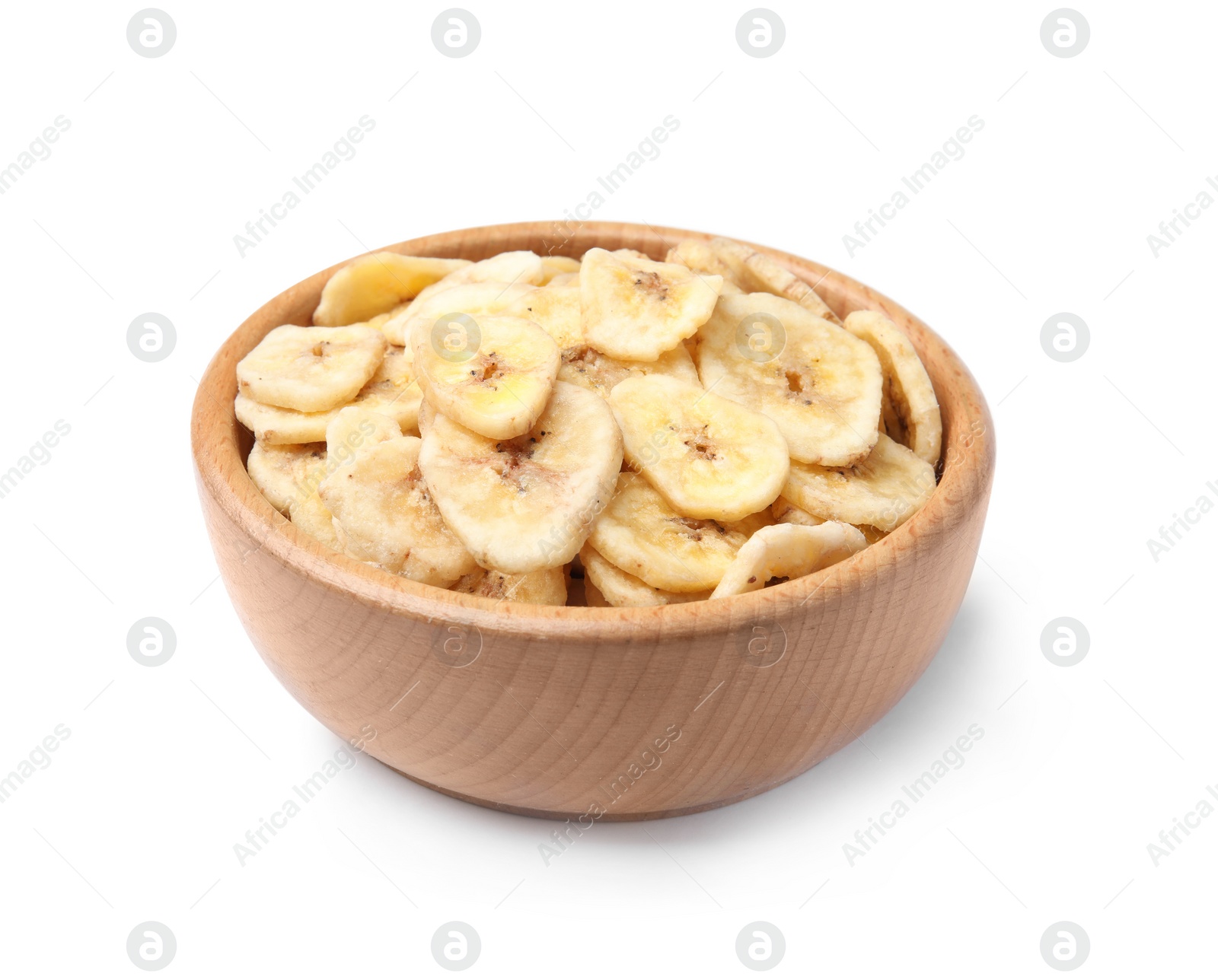 Photo of Wooden bowl with sweet banana slices on white background. Dried fruit as healthy snack