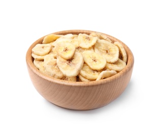 Wooden bowl with sweet banana slices on white background. Dried fruit as healthy snack