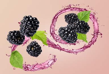 Image of Fresh blackberries and juice in air on pink background