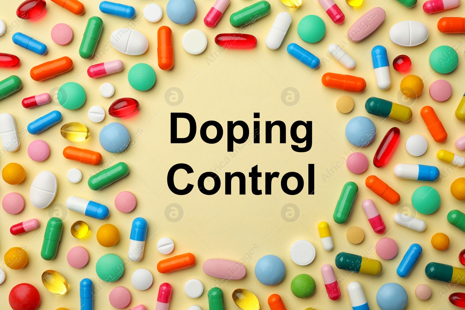 Image of Frame of different drugs on yellow background, flat lay. Doping control