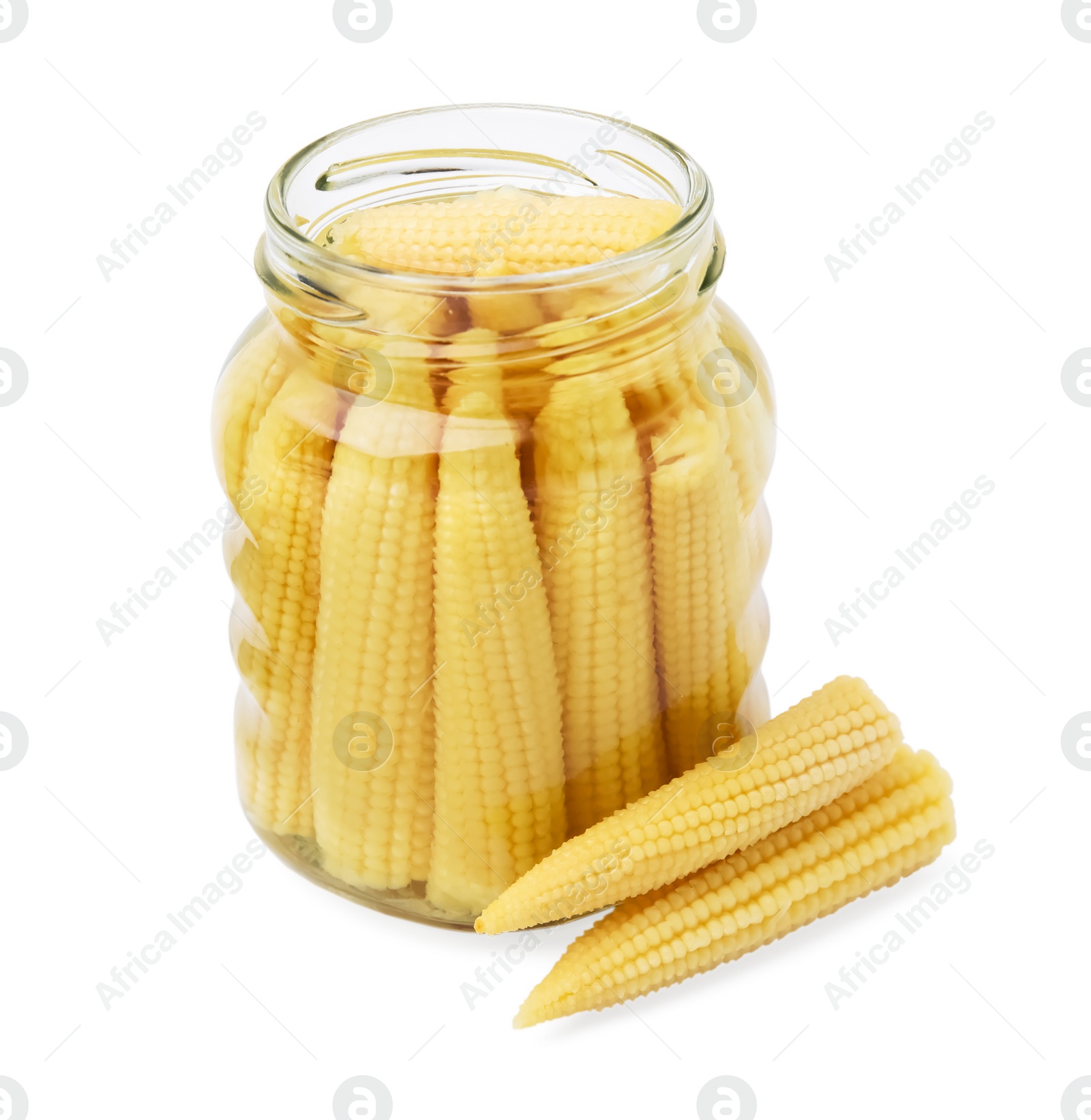 Photo of Jar and pickled baby corn isolated on white