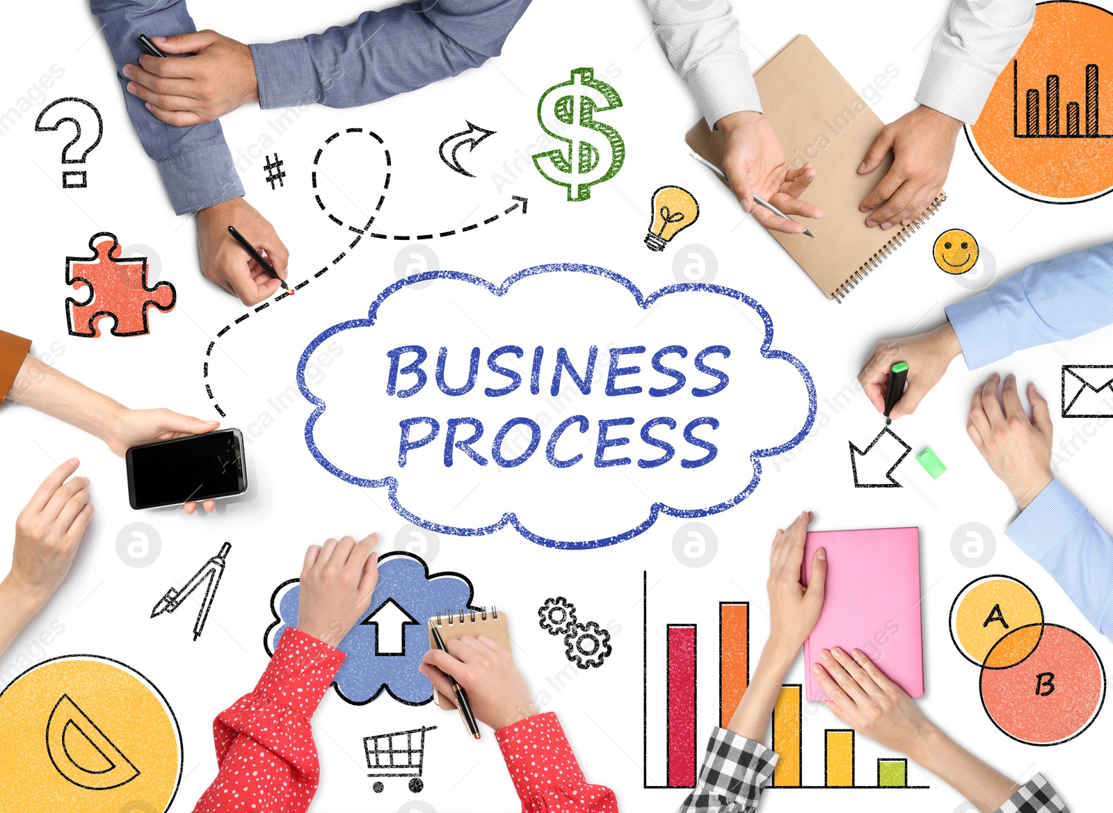 Image of Discussing business process. People and different illustrations on white background, top view