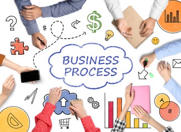 Image of Discussing business process. People and different illustrations on white background, top view