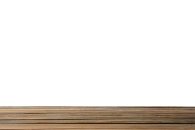 Photo of Empty wooden surface against white background. Mockup for design