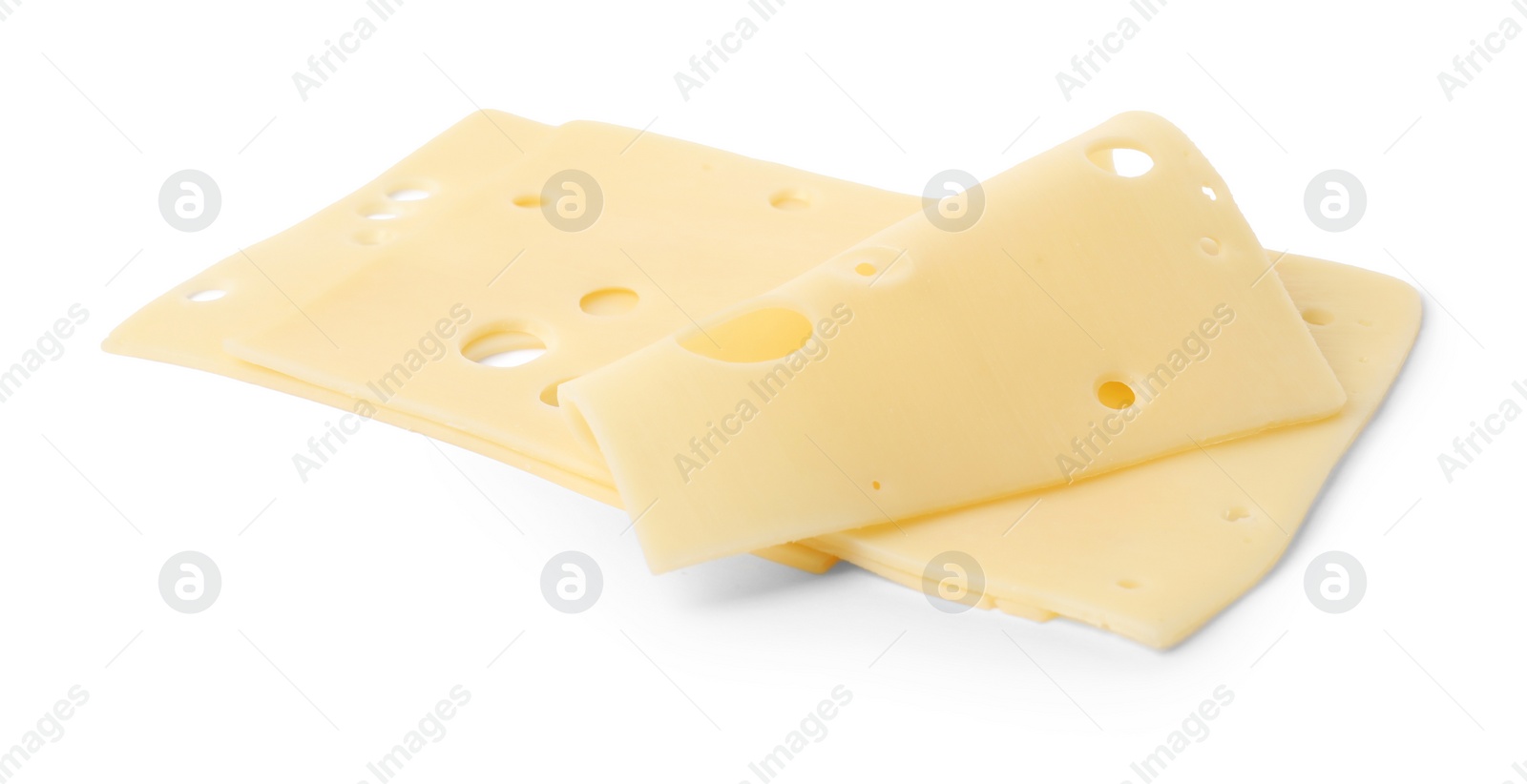 Photo of Slices of tasty fresh cheese isolated on white