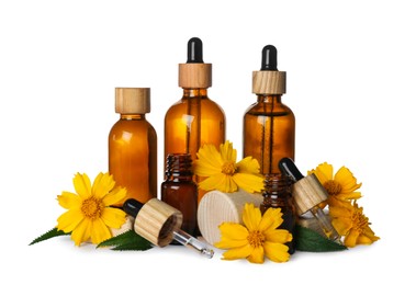 Photo of Bottles of buttercup essential oil and flowers on white background