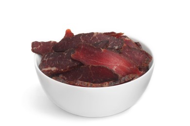 Photo of Bowl of delicious beef jerky isolated on white