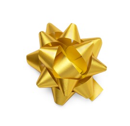 Photo of Golden gift bow isolated on white, top view. Festive decor