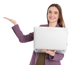 Photo of Portrait of beautiful woman with laptop on white background