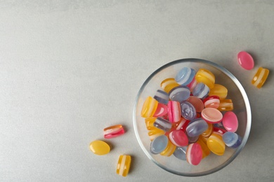 Tasty sweets on light grey table, flat lay. Space for text