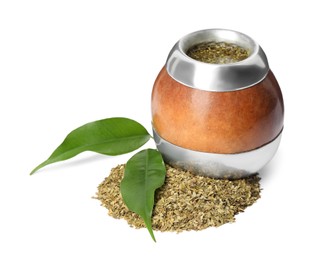 Photo of Calabash with mate tea on white background