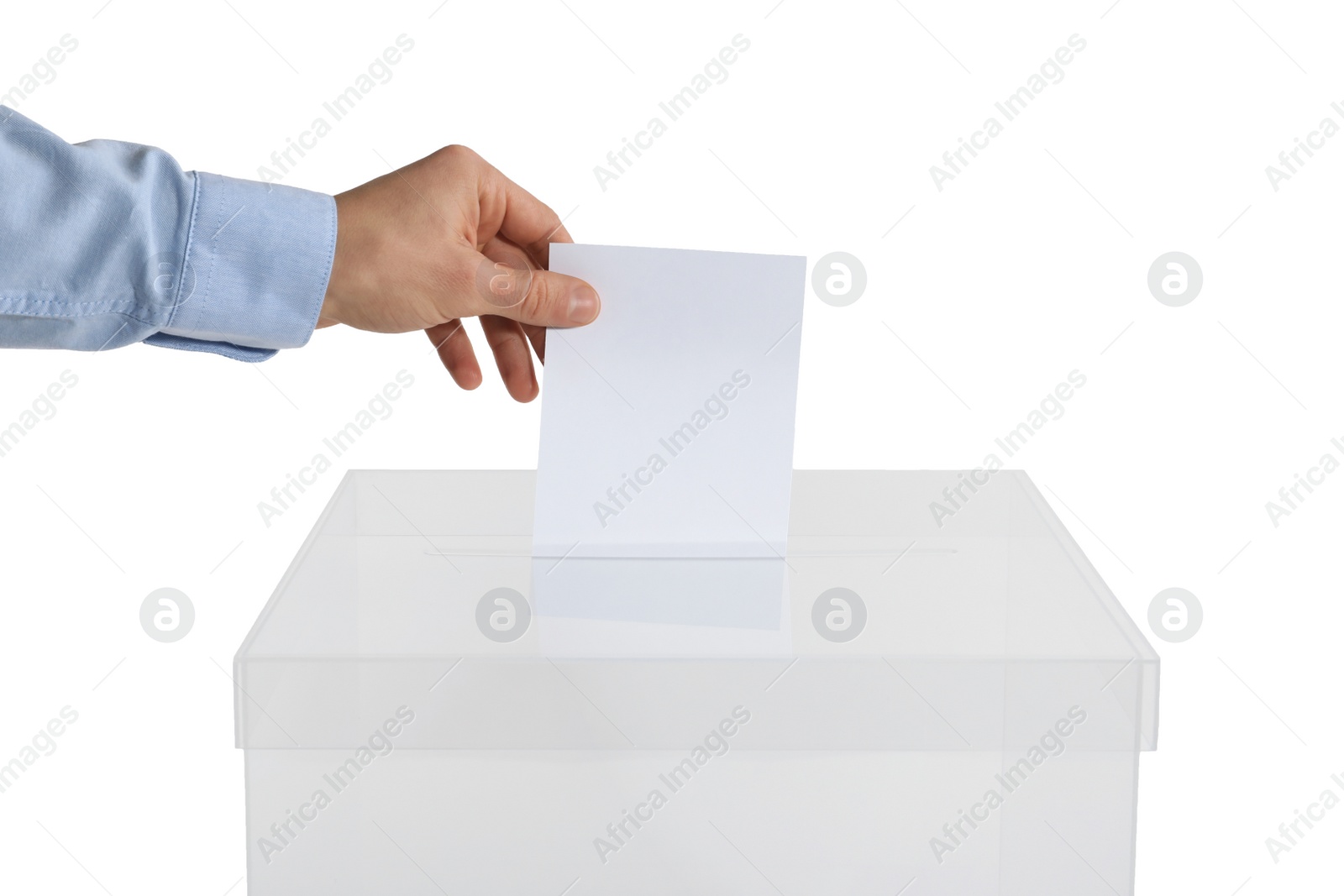 Photo of Man putting his vote into ballot box on white background, closeup