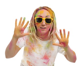 Photo of Woman covered with colorful powder dyes on white background. Holi festival celebration