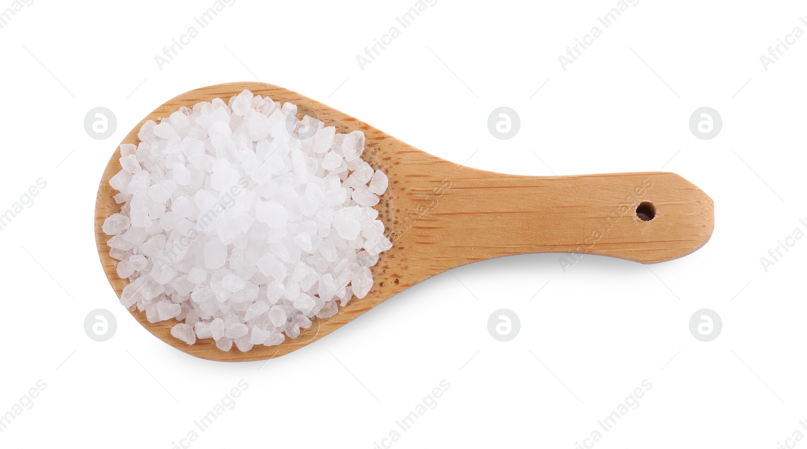 Photo of Wooden spoon with natural sea salt isolated on white, top view