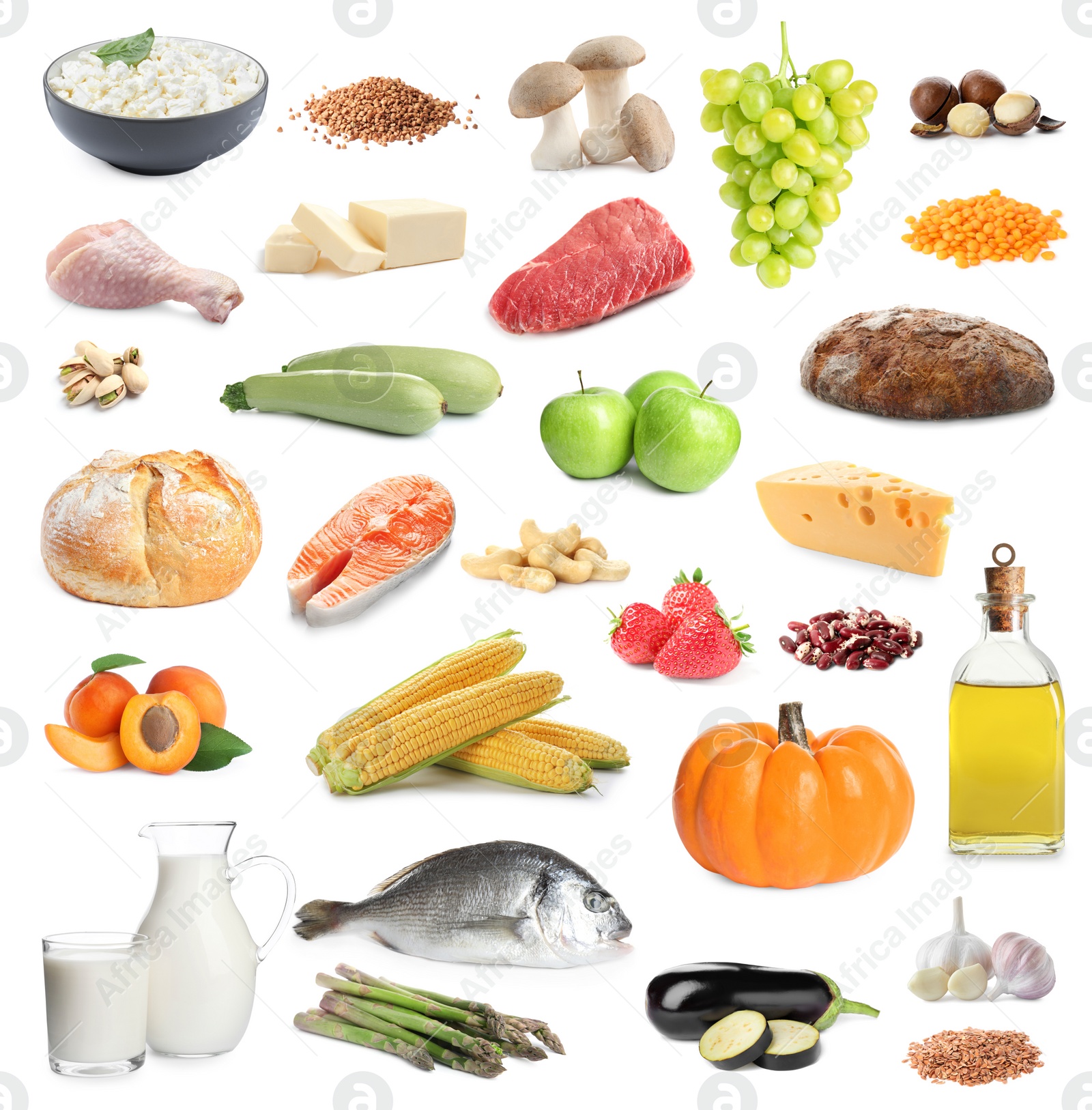 Image of Healthy diet. Set with many different products on white background