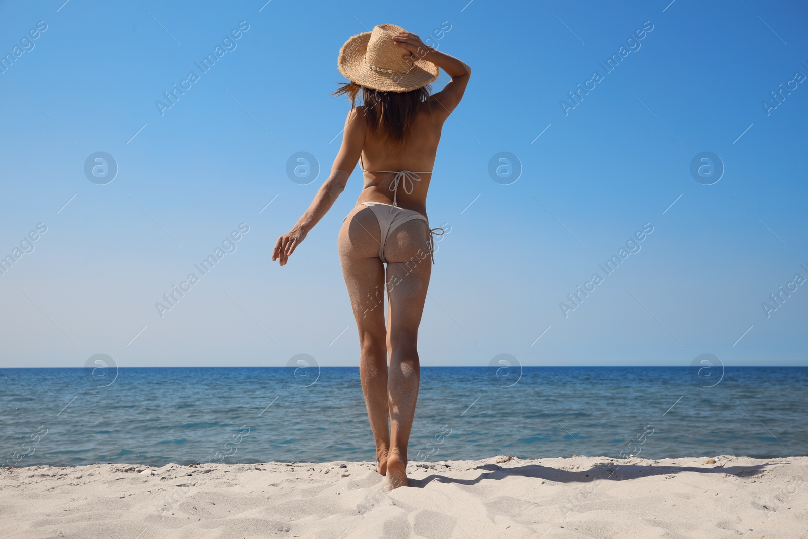 Photo of Woman with perfect body in bikini walking on sandy beach near sea, back view