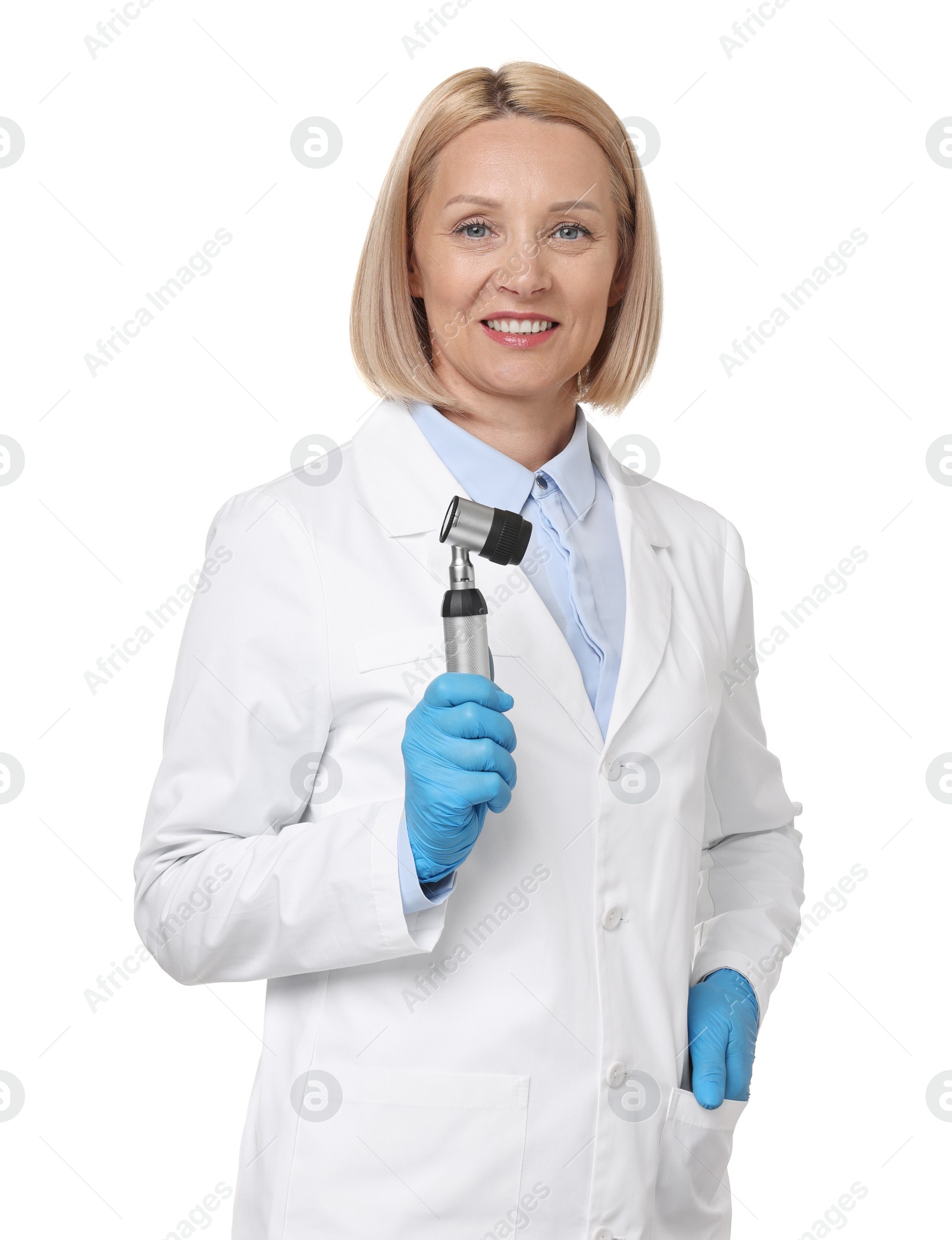 Photo of Happy dermatologist with dermatoscope isolated on white
