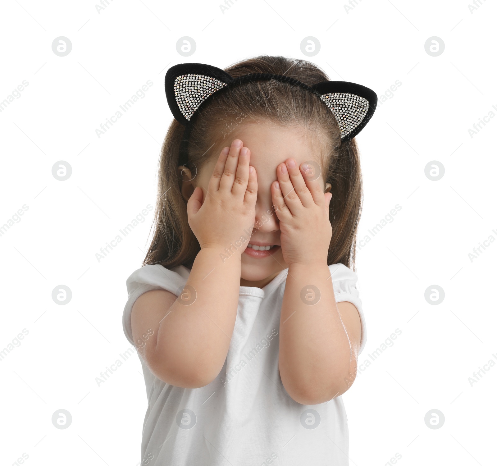 Photo of Portrait of cute little girl on white background