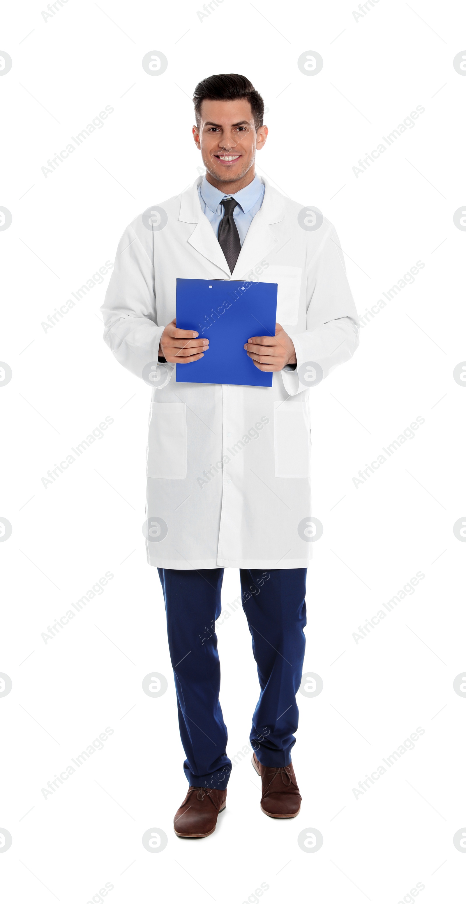 Photo of Full length portrait of medical doctor with clipboard isolated on white