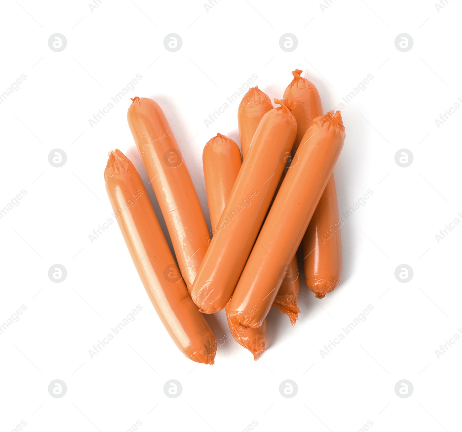 Photo of Encased sausages on white background, top view. Meat product