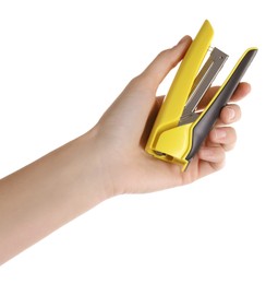 Woman holding yellow stapler on white background, closeup