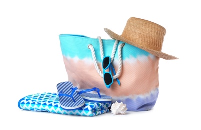 Photo of Composition with beach objects on white background