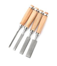 Photo of Modern chisels isolated on white. Carpenter's tools