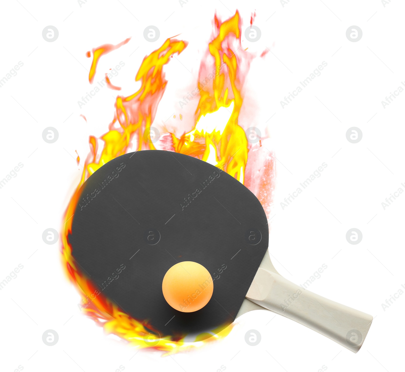 Image of Ping pong racket and ball in fire on white background