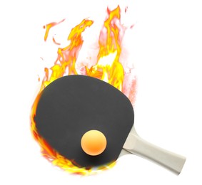 Image of Ping pong racket and ball in fire on white background