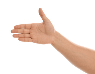 Photo of Man making frame with his hand on white background, closeup