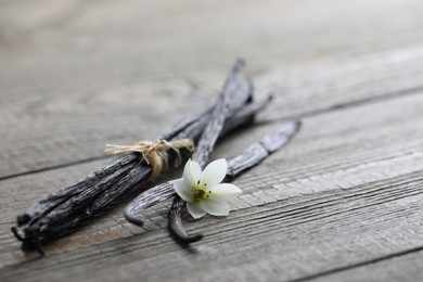 Photo of Vanilla pods and flower on wooden table, closeup. Space for text