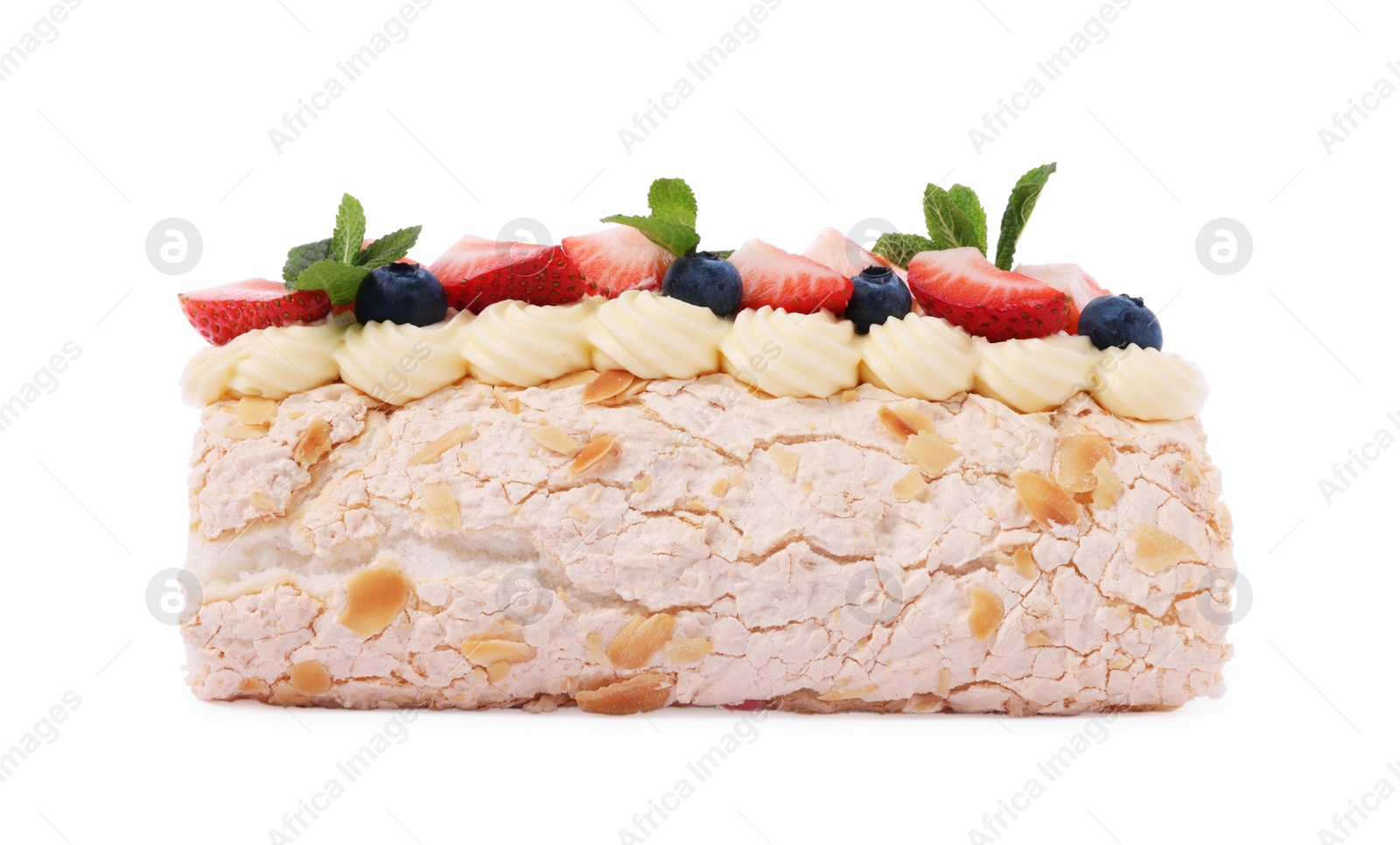 Photo of Tasty meringue roll with berries and mint leaves isolated on white