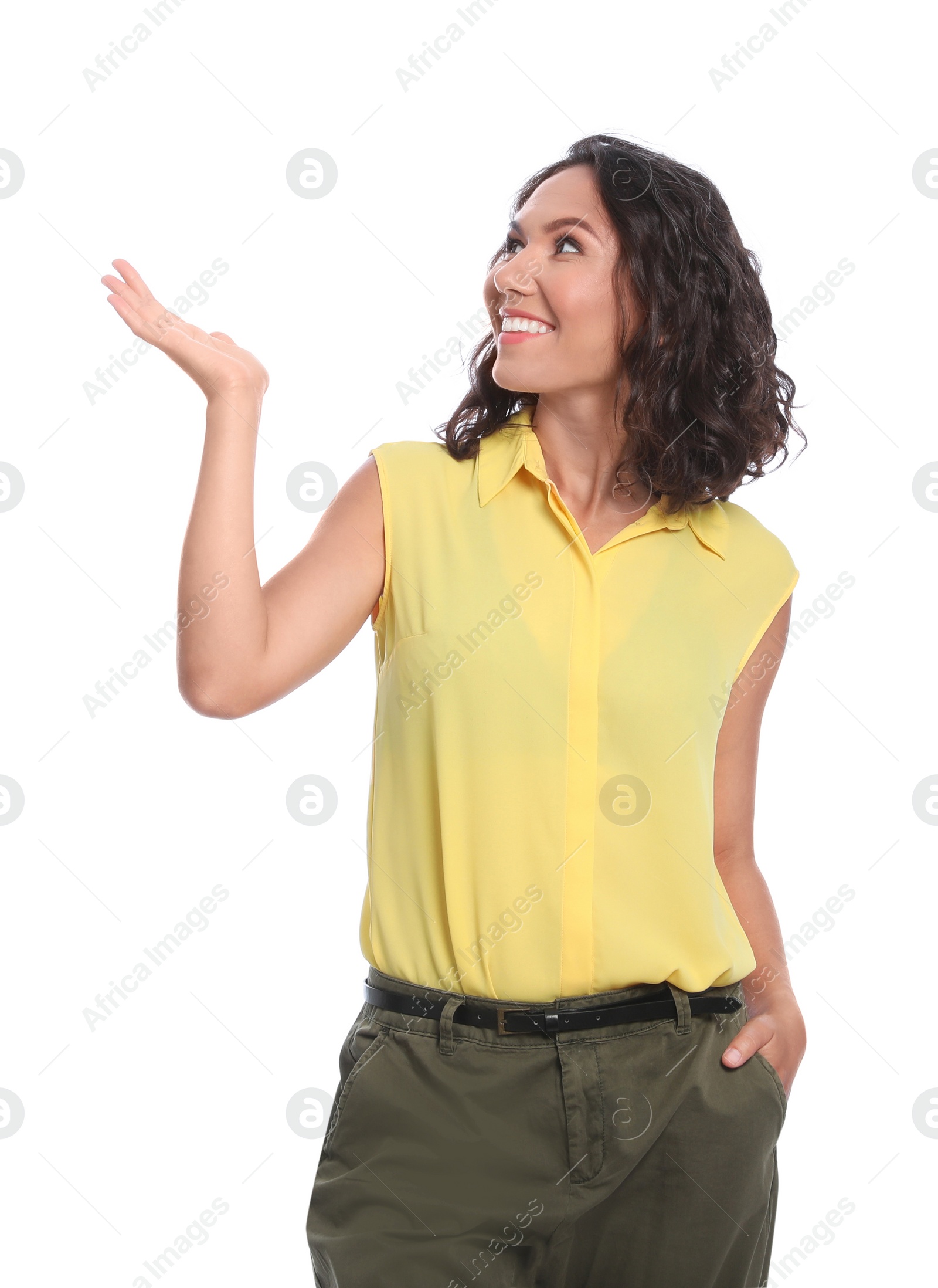 Photo of Happy young woman standing on white background