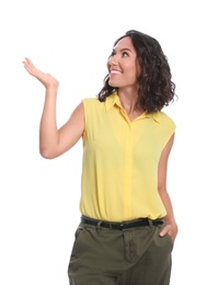 Photo of Happy young woman standing on white background