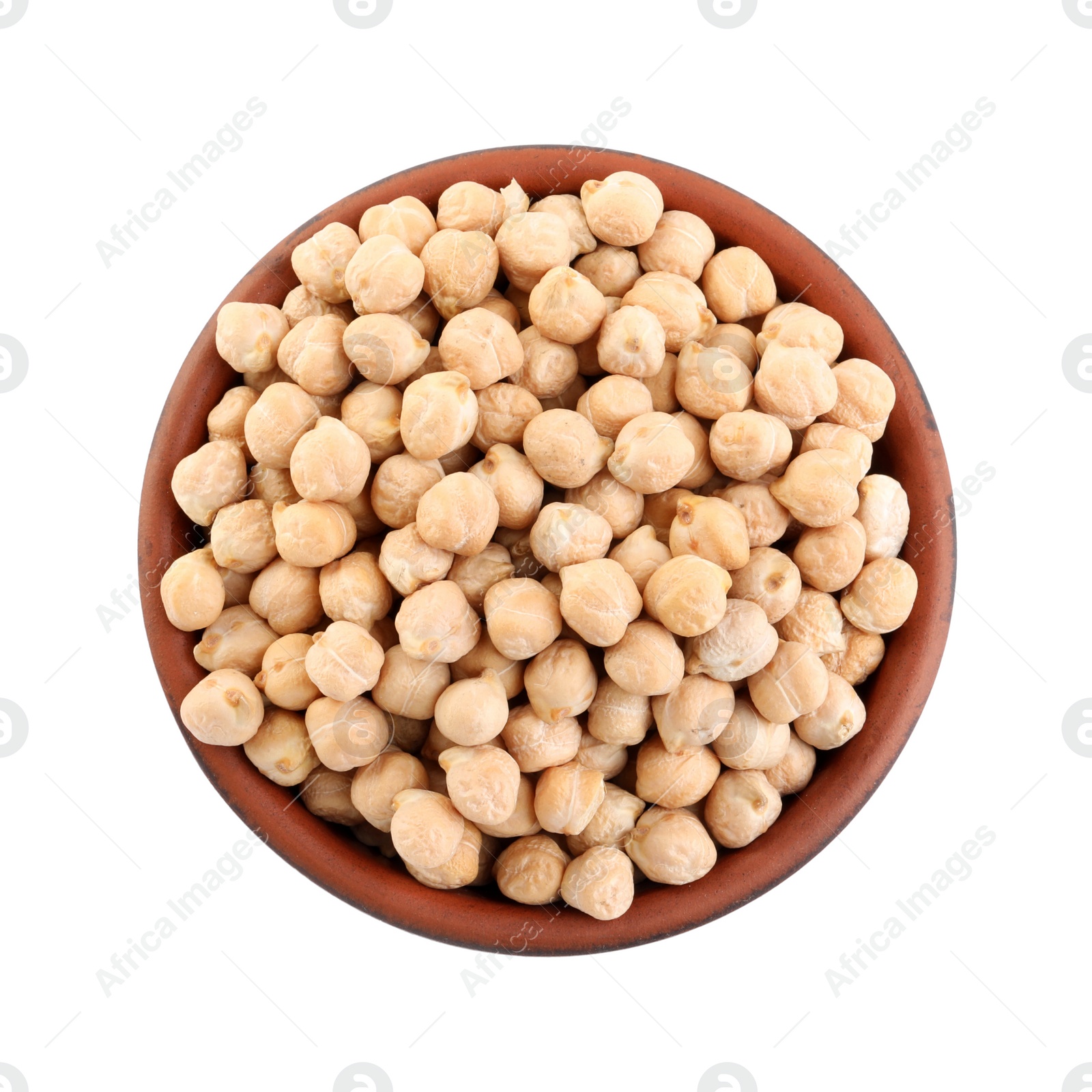 Photo of Chickpeas in bowl on white background, top view. Natural food