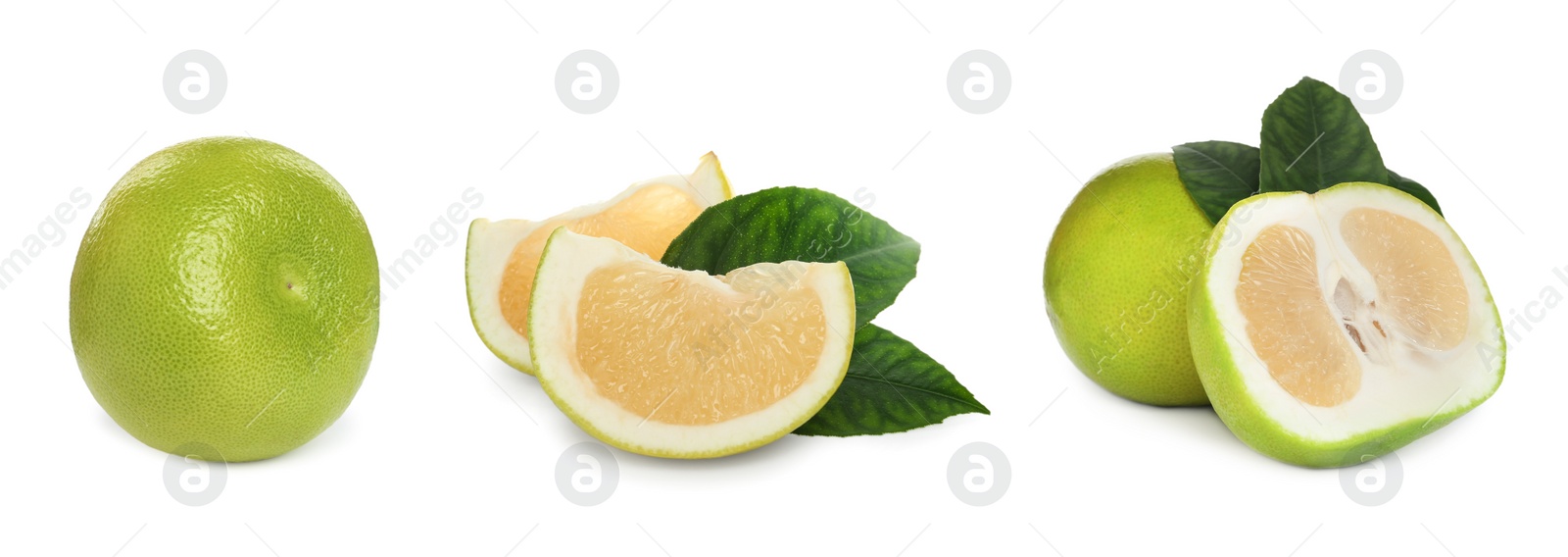 Image of Set with fresh ripe sweetie fruits on white background, banner design