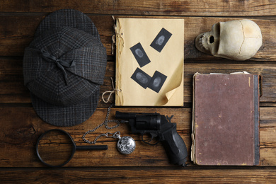 Composition with different vintage items on wooden background. Detective layout