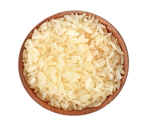 Bowl with uncooked parboiled rice on white background, top view