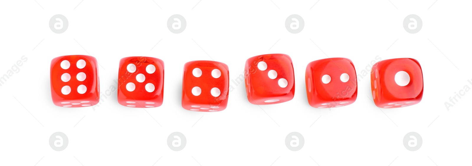 Photo of Many red game dices isolated on white, top view