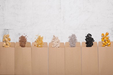 Photo of Many different vegetable seeds on light grey table, flat lay. Space for text
