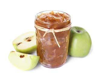 Photo of Glass jar of delicious apple jam and fresh fruits isolated on white