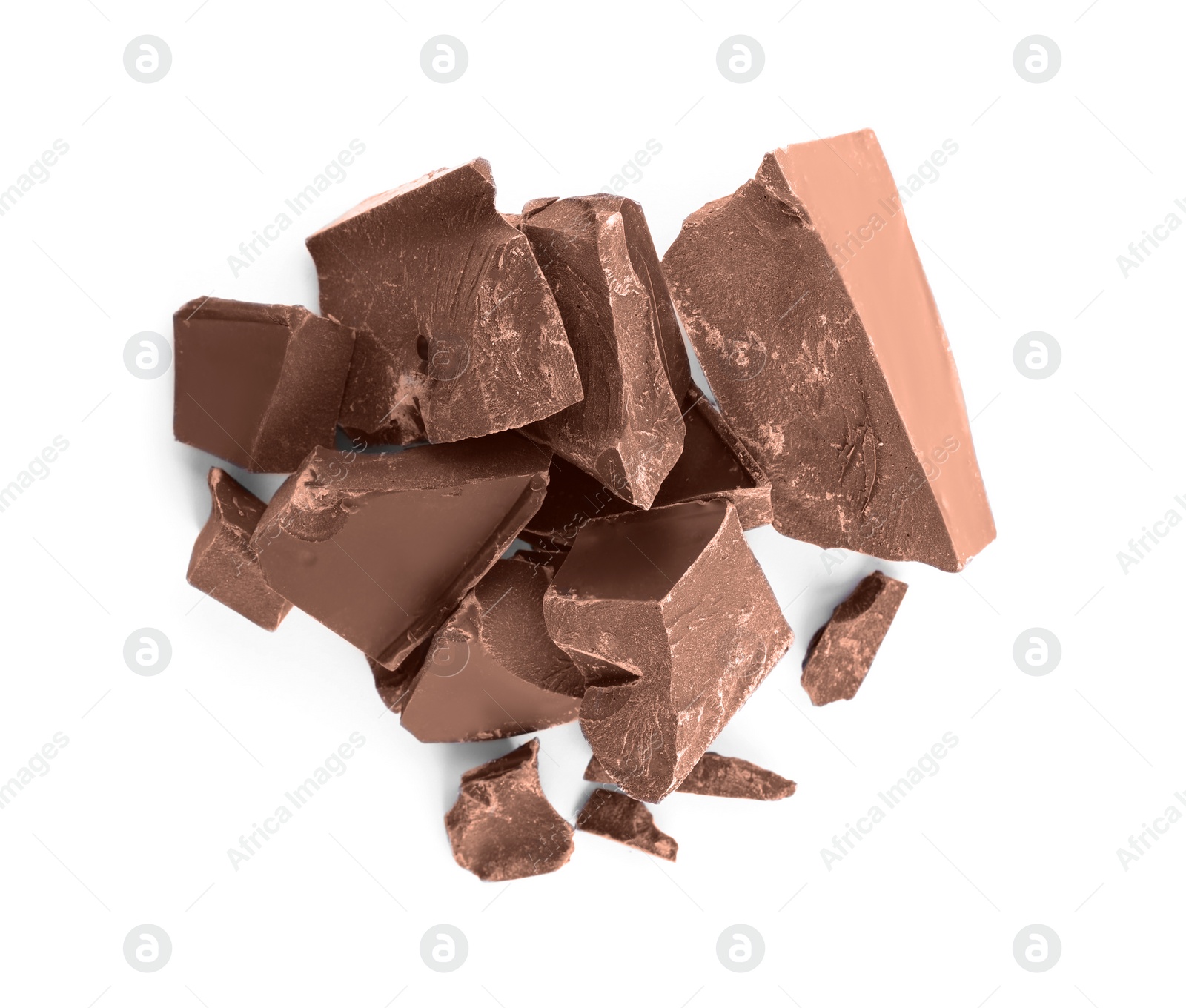 Photo of Pieces of dark chocolate isolated on white, top view