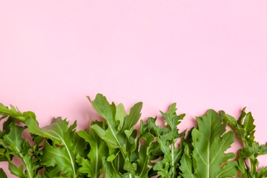 Photo of Fresh arugula on light pink background, flat lay. Space for text