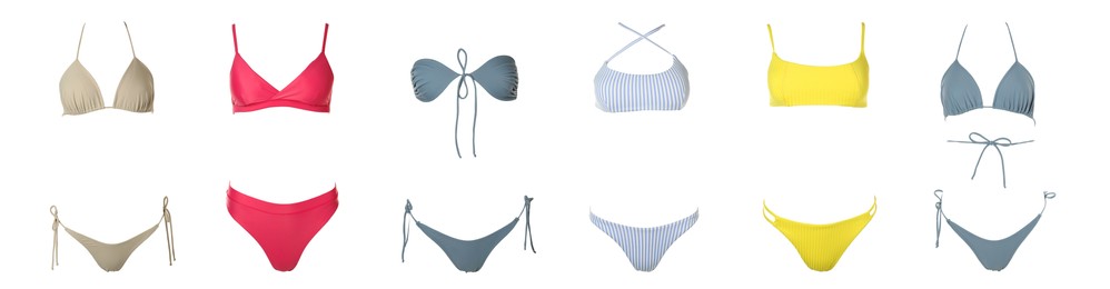 Image of Collection of different stylish bikini on white background. Banner design